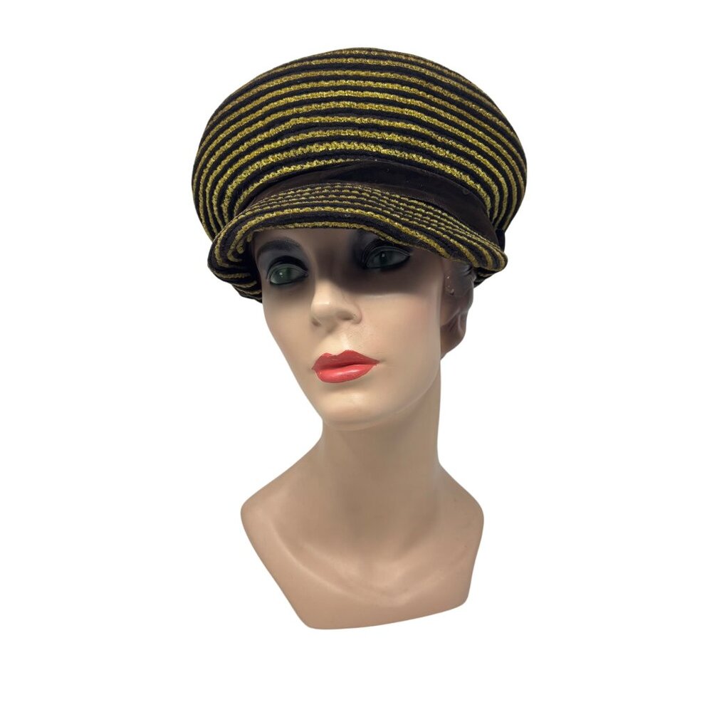 Vintage 50s Newsboy Hat Womens Striped Yellow Brown Knit Beret Cap - Picture 10 of 12